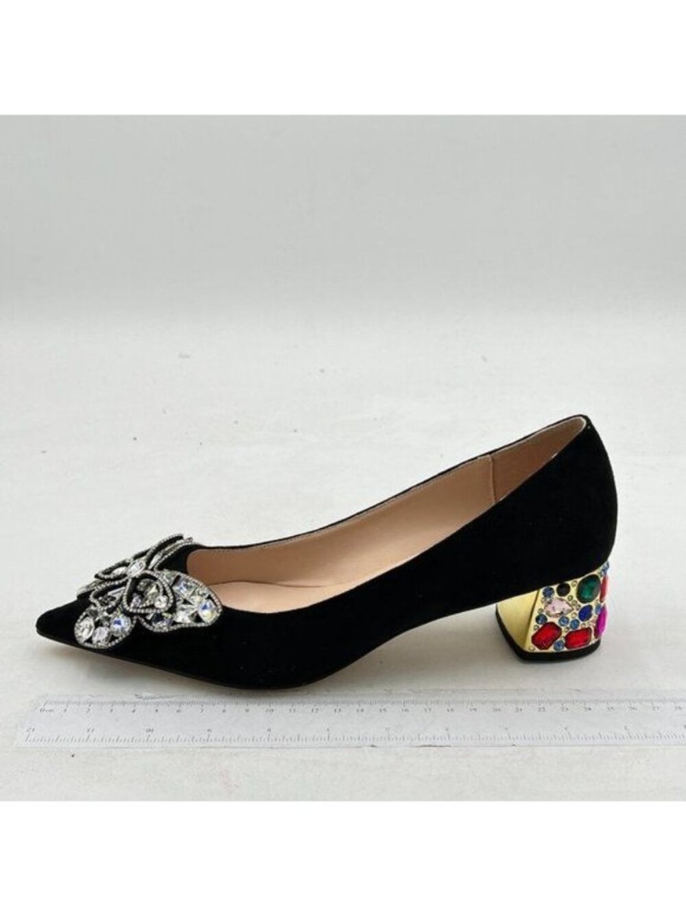 YDN Women Pointed Toe Bow Pump Colorful Rhinestone Block Low Heel Butterfly Slip